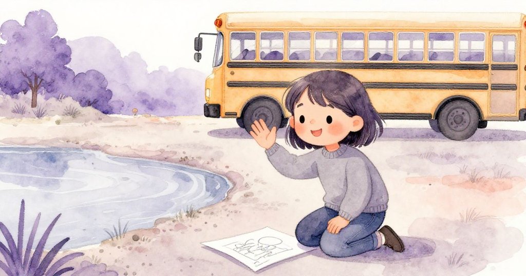 米拉在河邊完成素描後微笑揮手告別寧靜景致,背景中校車靜候新旅程,溫暖晨光滿溢。