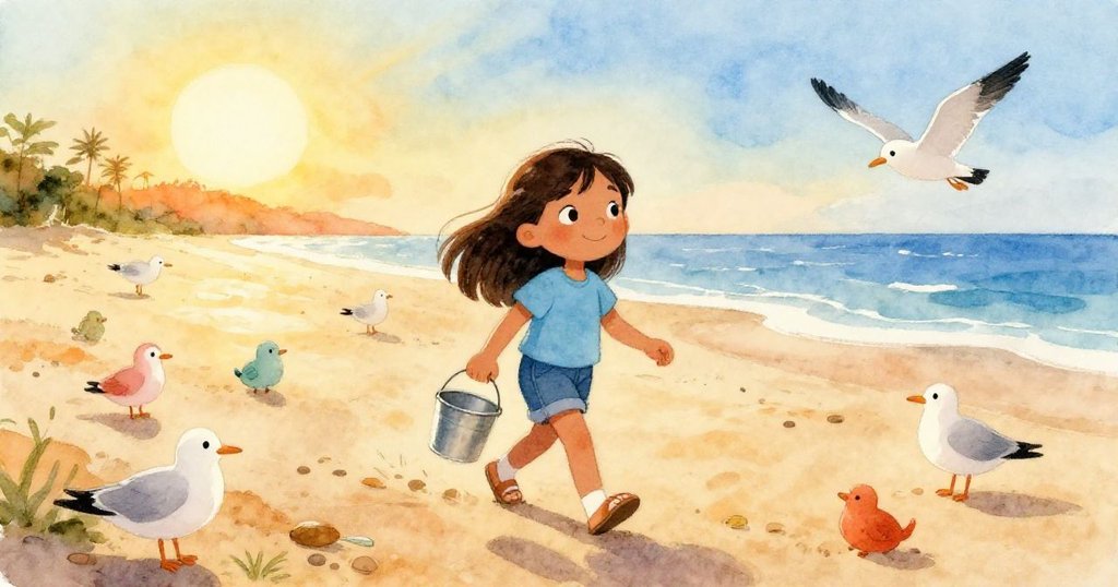 Marisol 手持錫桶踏上沙灘,海鷗盤旋,陽光照耀,呈現充滿生氣的戶外場景,歡樂氣氛洋溢。