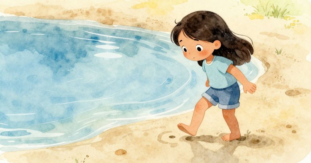 Marisol 靴子踩入淺水池,腳印在倒影與落日光中逐漸消失,驚訝神情映照環境變幻。