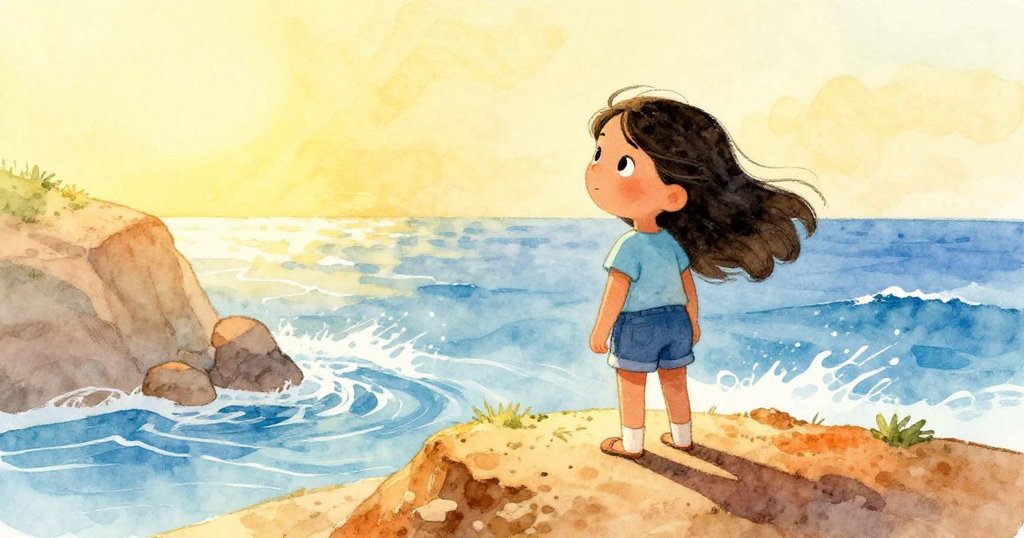 Marisol 站在剛現的沙脊上凝視潮水,夕陽映照下充滿期待與微妙緊張的變化場景。