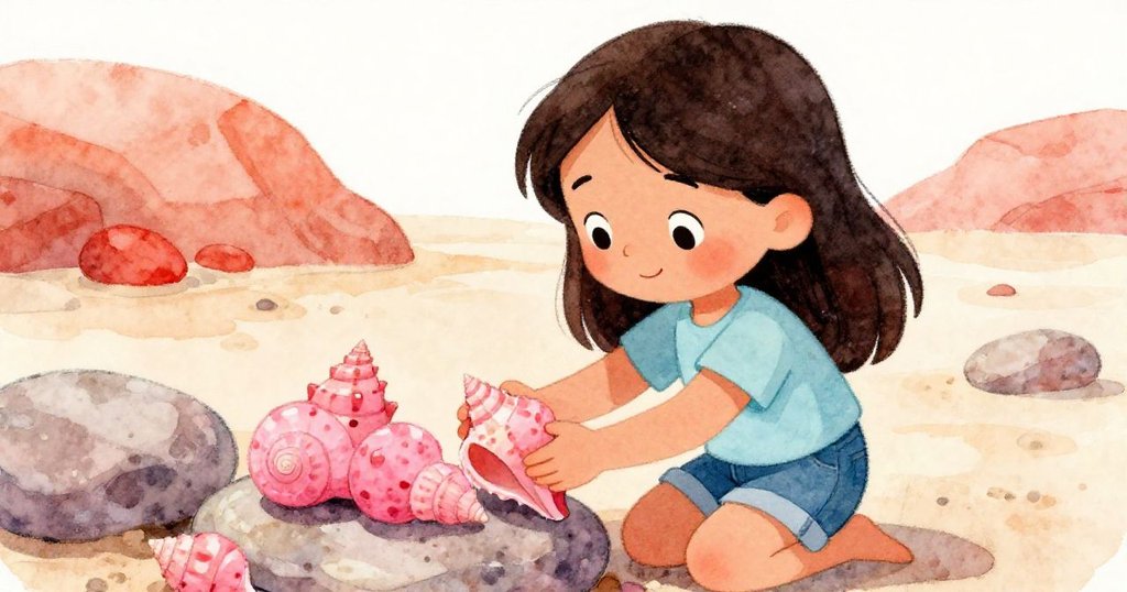 Marisol 發現兩石間的粉紅螺旋貝,小心拾起,眼中閃爍驚喜光芒,場景充滿動感和溫柔色調。