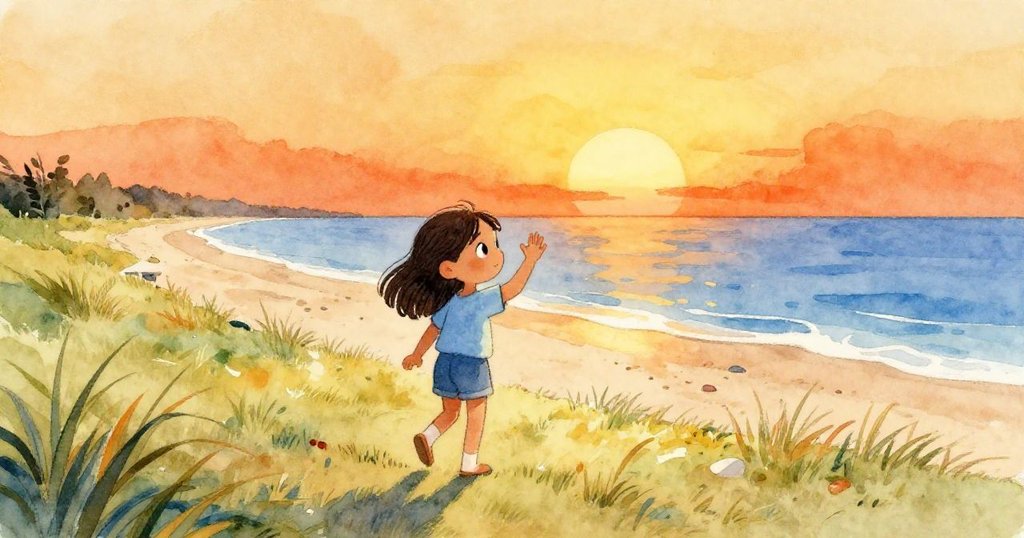 Marisol 揮手告別海岸,踏向高處沙丘,背影堅定充滿成長與回憶,夕陽餘暉映照溫暖情懷。