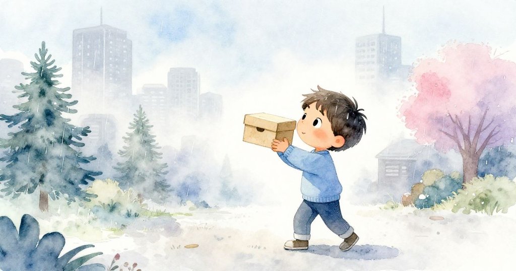 Kai在迷霧中平衡鞋盒，走在薄雨中，臉上帶著緊張期待，都市背景呈淡藍與銀灰調。