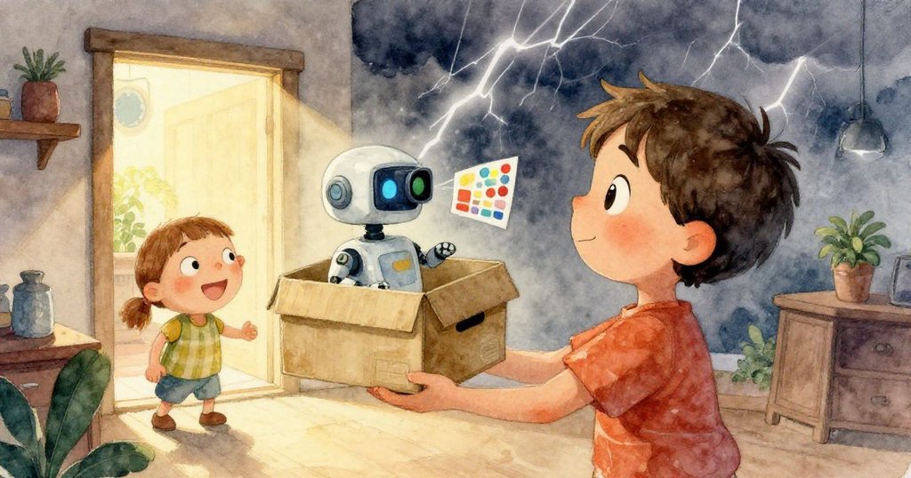 Kai的手緊握濕潤鞋盒，內有微小機器人與鮮豔海報，顯露細膩紋理，表現專注與期待。