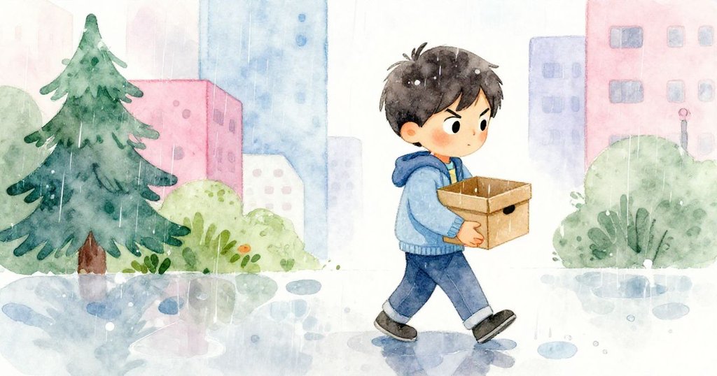 Kai行走中將鞋盒藏入夾克下，雨水映出他的緊張與堅定，濕潤街道反射都市光影。