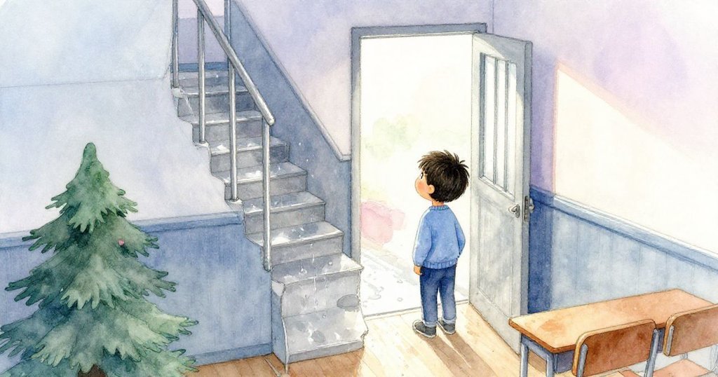 Kai躲入音樂教室，從高處眺望濕滑走廊，內心平靜中流露出期待與思索。