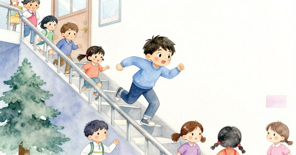 在擁擠樓梯中，Kai急速爬行，眼神充滿謹慎急迫，同學們忙亂穿梭，現場緊張氛圍明顯。