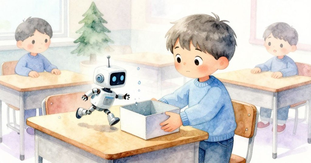 在昏暗課室中，Kai輕放濕鞋盒於桌上，機器人在盒內運行，臉上露出自豪平靜的神情，寓意轉機。