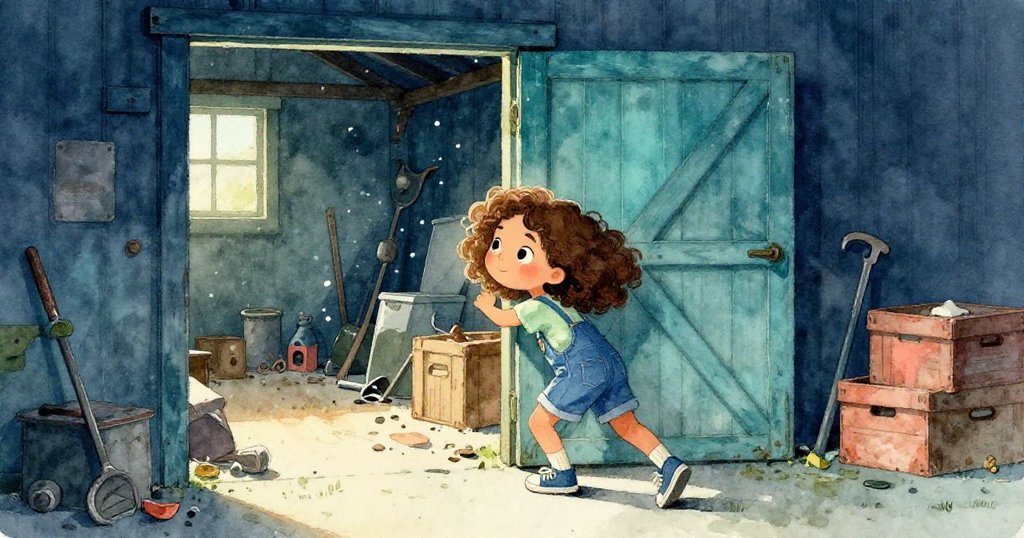 瑪拉推開倉庫門，裡面滿是舊工具、雜亂的箱子及閃爍燈光，呈現冒險啟程的情景，神情好奇。