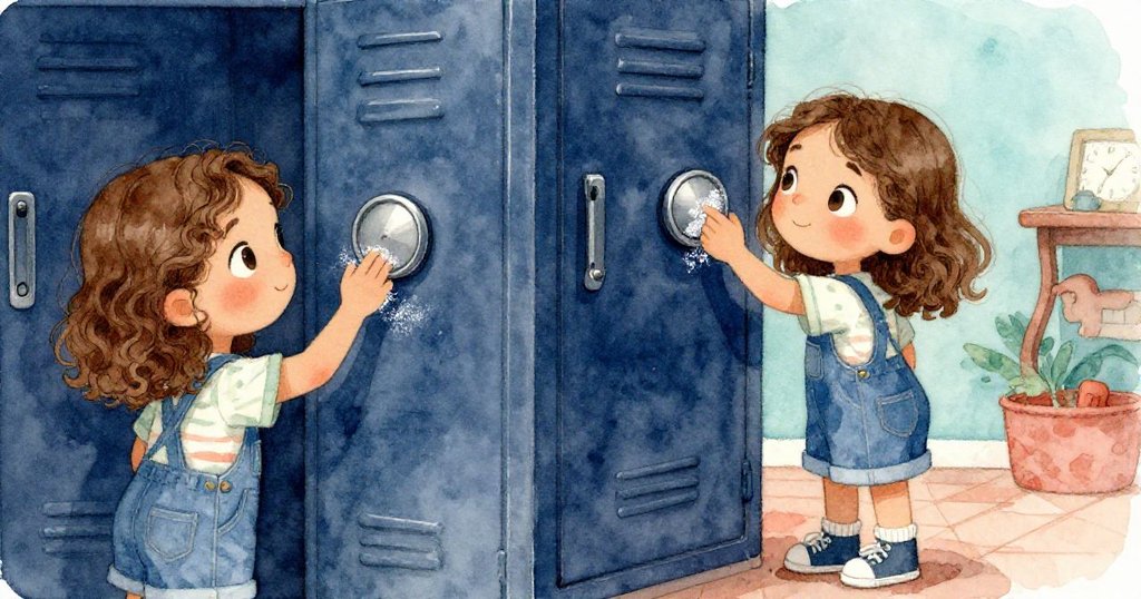 瑪拉分屏場景中一邊用粉筆痕跡的手轉動鐵櫃轉盤，另一邊隱約呈現家族舊事，表情專注且思緒萬千。