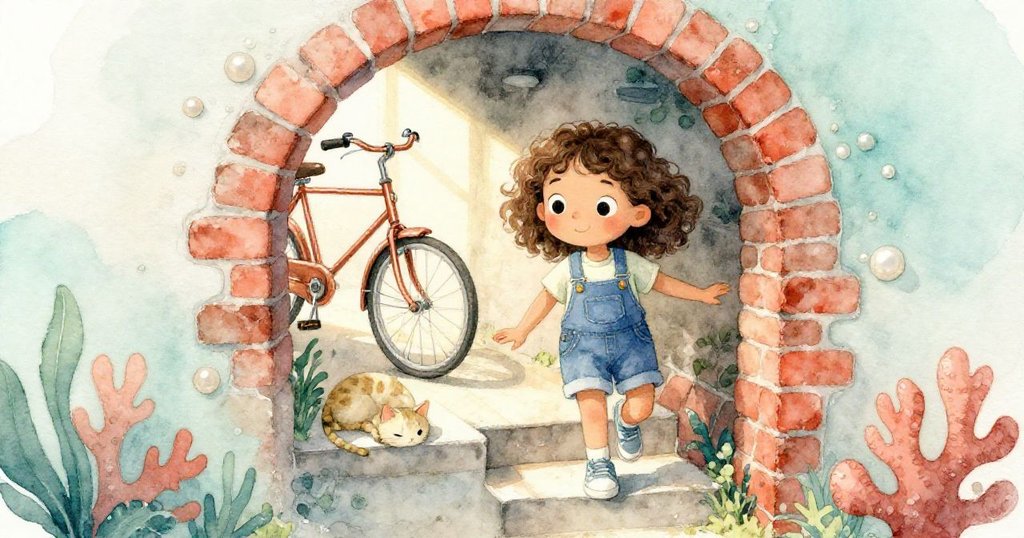 瑪拉小心沿狹窄階梯下降，柔和晨光灑落在隱秘房間內，牆上靠著一輛古銅單車，旁有懶散卷曲的貓，展現新開始。