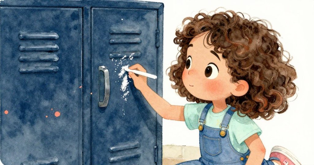 瑪拉聚精會神地用粉筆在舊鐵櫃上勾勒出每一道溝槽，她的臉上流露出集中與憂慮，展現內心掙扎。