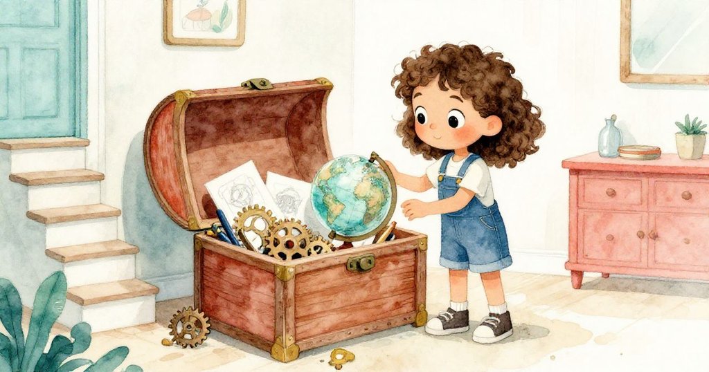 瑪拉打開雕花寶箱，內含速寫本、齒輪和玻璃球，充滿驚喜與鬆一口氣，背景隱現階梯通向安靜房間。