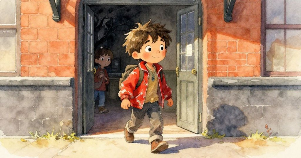 米洛在晨光中踏入老舊火車站入口，環境溫暖、明亮，充滿期待與冒險感。