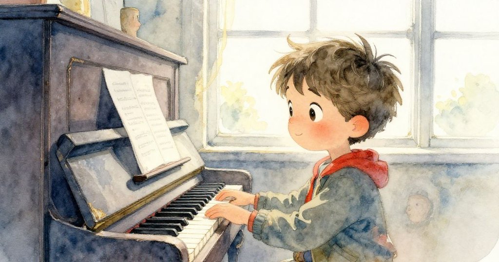 米洛在破舊鋼琴旁試按琴鍵，眼神專注充滿好奇，窗外鐵路景象與柔和晨光相映。