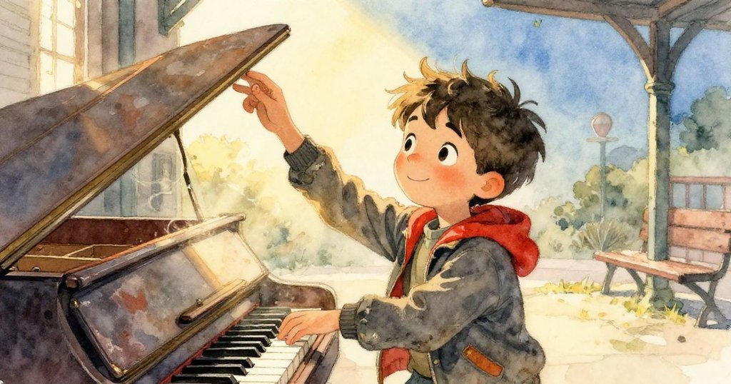 米洛用力掀起鋼琴蓋，陽光照進塵埃舞動，展現懷舊與探索的瞬間。