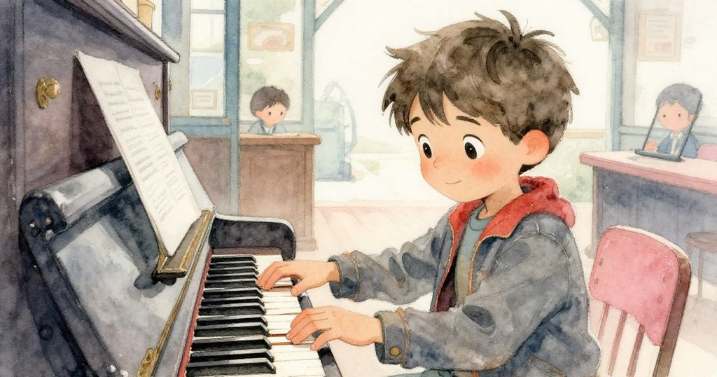 米洛仔細清潔及調整老舊鋼琴鍵與槌子，動作溫柔細緻，展現耐心與復甦之美。