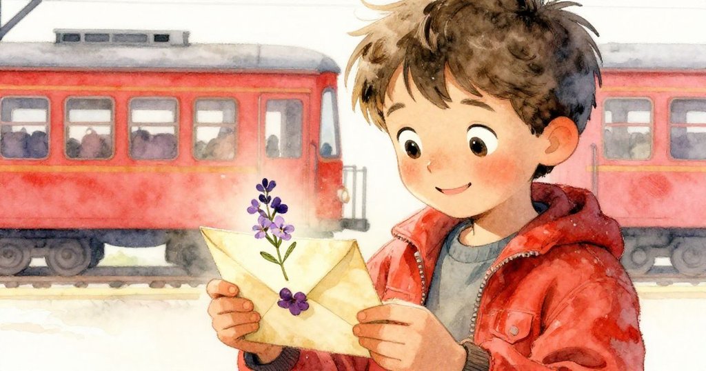 米洛發現信封內壓著的紫羅蘭，臉上充滿驚喜並仔細查驗，背景有好奇乘客觀望。