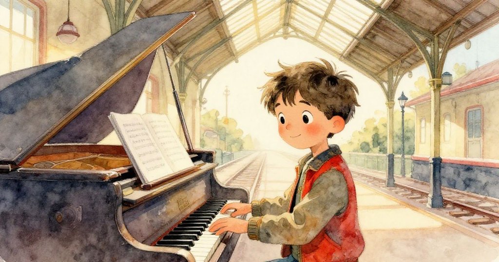 米洛坐於敞開的鋼琴前彈奏慢速琶音，場景金色暖光映射火車站內部，充滿和諧與寧靜。