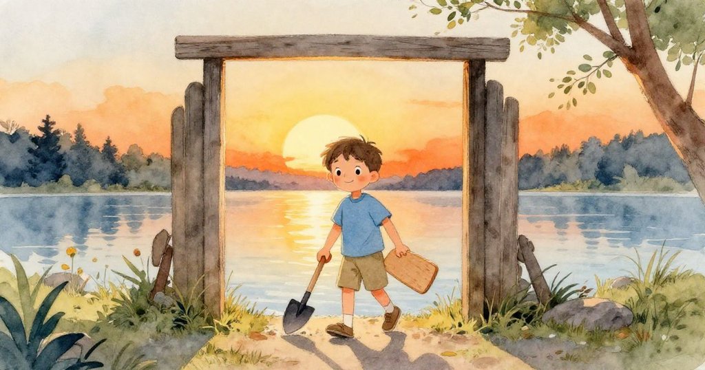 Leo步入湖畔入口，手持鏟子和平板，面帶期待微笑，夕陽映照下展開探險旅程的溫暖景色