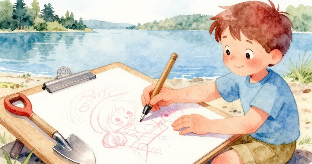 Leo坐在湖邊仔細查看草圖板和小鏟子，專注神情展現未來夢想，工具細節清晰且環境溫馨