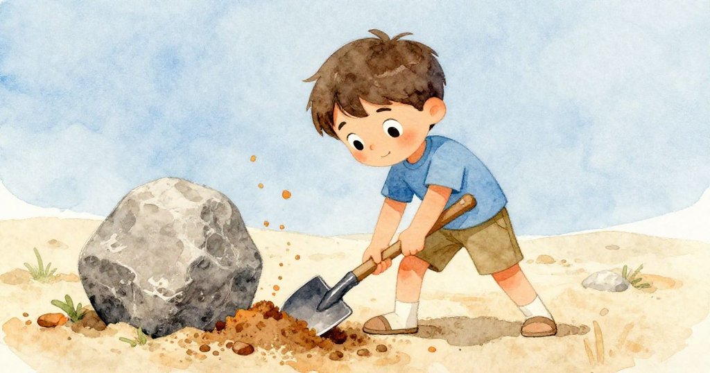 Leo低頭專注挖沙，努力掘進沙土中遇大石阻擋，從低角度展現奮鬥精神和動感情景