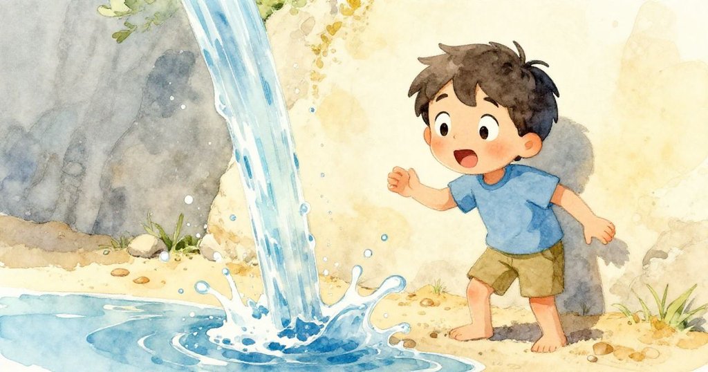 Leo站在濕潤沙牆旁，驚訝地目睹湖水湧入沙中，水花四濺營造出強烈自然力量的畫面