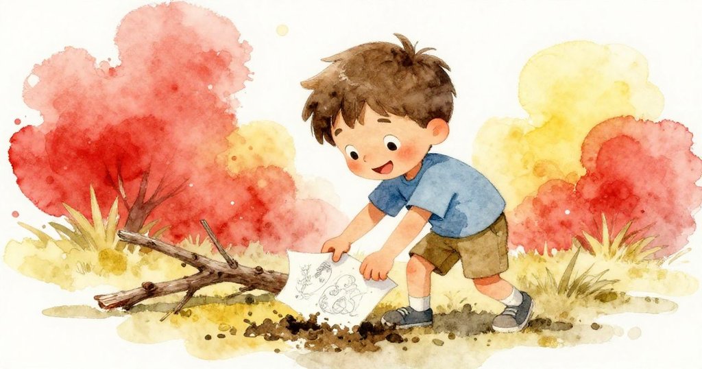 Leo彎腰撿起沾泥的草圖，臉上展現驚喜笑容，落下樹枝旁邊表達意外轉折與重新思考