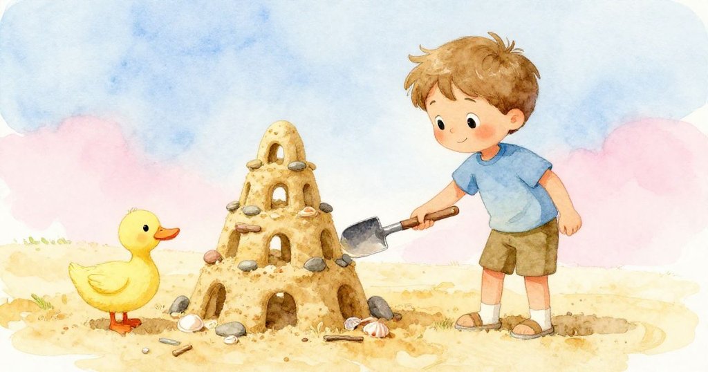 Leo在湖邊完成沙塔創作，溫柔地將小鏟子交給好奇小鴨，展現成就分享與自然互動的愉悅情景