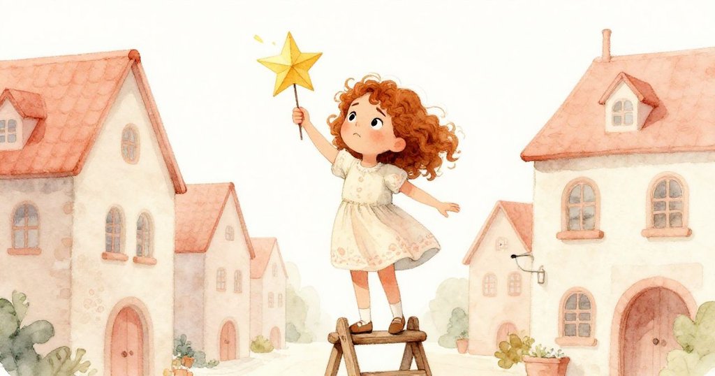 莉亞在市政廳外的木梯上準備佈置春節,手持鮮豔紙星,午後柔光映襯,神情專注,靜謐而充滿期待。