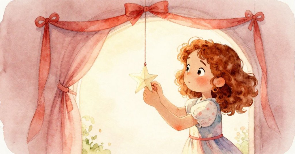 從莉亞肩後視角觀察,她專注於操作繩結,背景拱門和彩帶營造節慶氛圍,展現細膩動作。