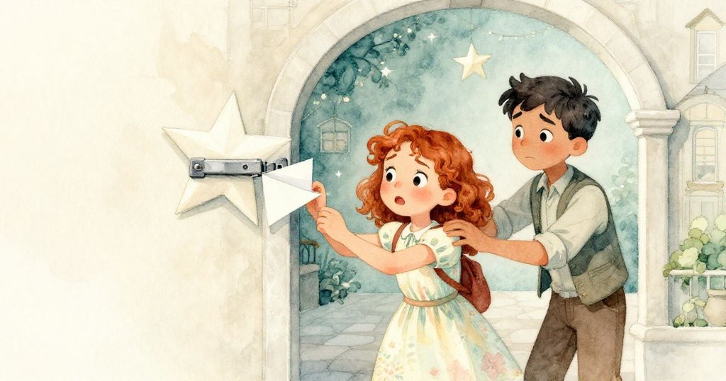 莉亞與馬庫斯在市政廳拱門間緊急合作,紙星撞擊金屬鉸鏈裂開,紙條滑落,呈現緊張瞬間。