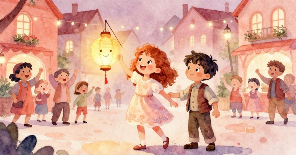 莉亞與馬庫斯攜手在慶典廣場,用微笑月燈替換破損星星,志工歡聚,燈光與彩帶點亮快樂氛圍。