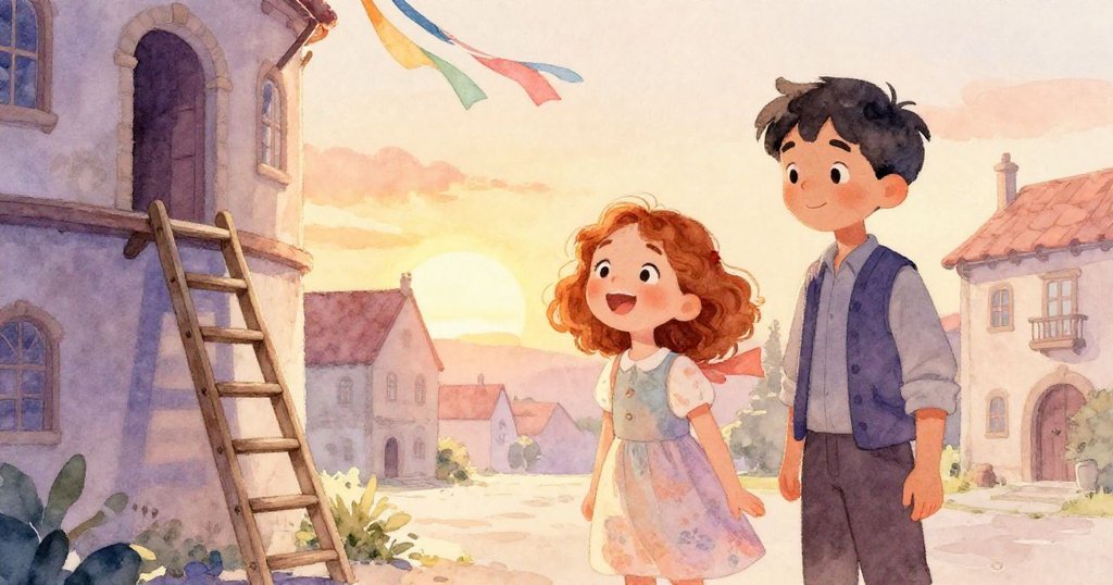 夕陽輕拂市政廳前,莉亞與馬庫斯相視而笑,歸置木梯與彩帶靜掛,營造溫暖與寧靜的結局。