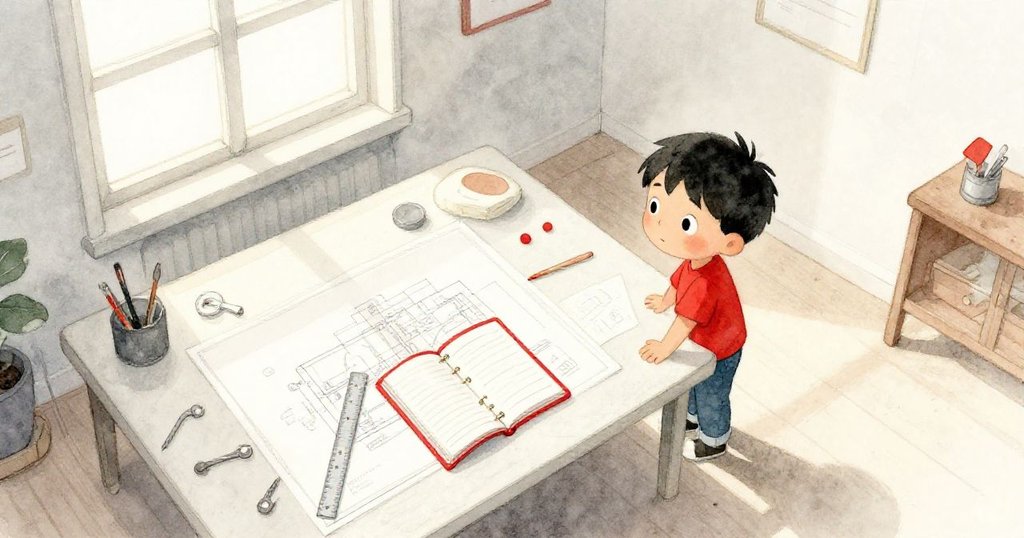 Tim在充滿溫暖陽光的房間整理手工盒，桌上擺有藍圖、金屬尺與紅色計劃本，充滿期待開始創作的心情。