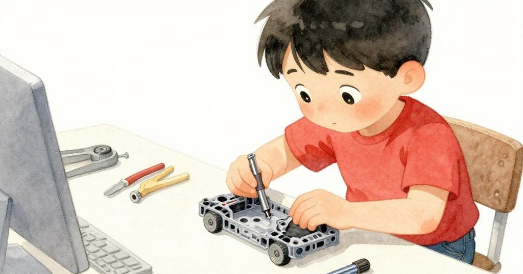 Tim專心組裝賽車，靈巧的手固定塑料底盤與閃亮軸件，專注細緻的動作展現出滿懷創作的熱情。