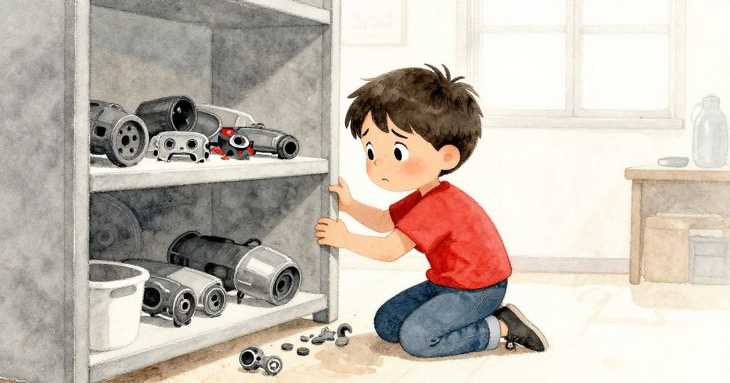 Tim在光線漸暗的房間中蹲下搜尋掉落在架子下的車件，表情由失望轉變為堅定，透露著不放棄的信念。