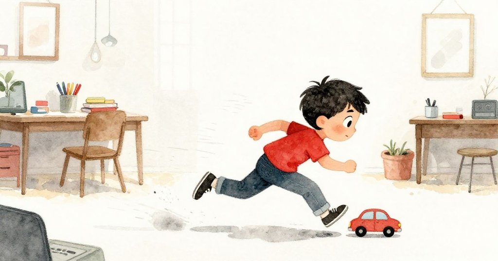 Tim追逐著失控的小賽車，急速奔跑於雜亂的手工作坊，臉上既緊張又充滿追求成功的喜悅。