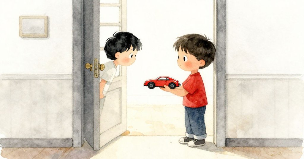 Tim滿足地站在門口迎接新開始，輕捧著完成的小賽車，室內與門外溫暖光影交織，透露著未來希望的氣息。