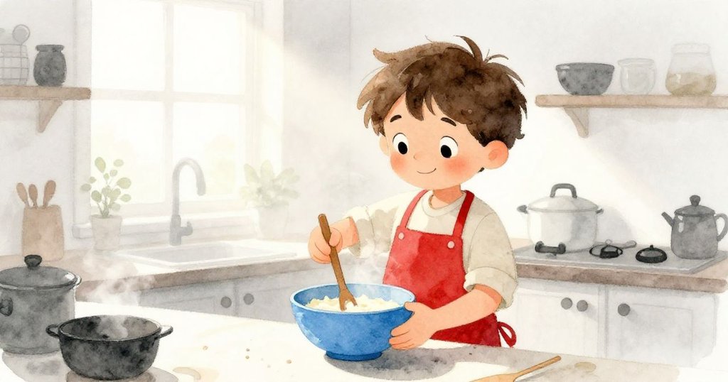 Sam在柔和晨霧氛圍的廚房中忙碌攪拌鮮藍碗中的蛋糕糊，窗外微光映照進來，臉上流露出充滿期待與溫暖的笑容。