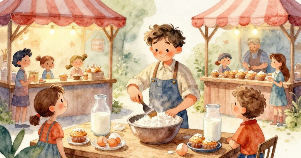 Sam聚焦的眼神特寫映出濃厚決心，他正專注攪拌鮮藍蛋糕糊，溫柔光線映襯中展現出認真細膩的神情。