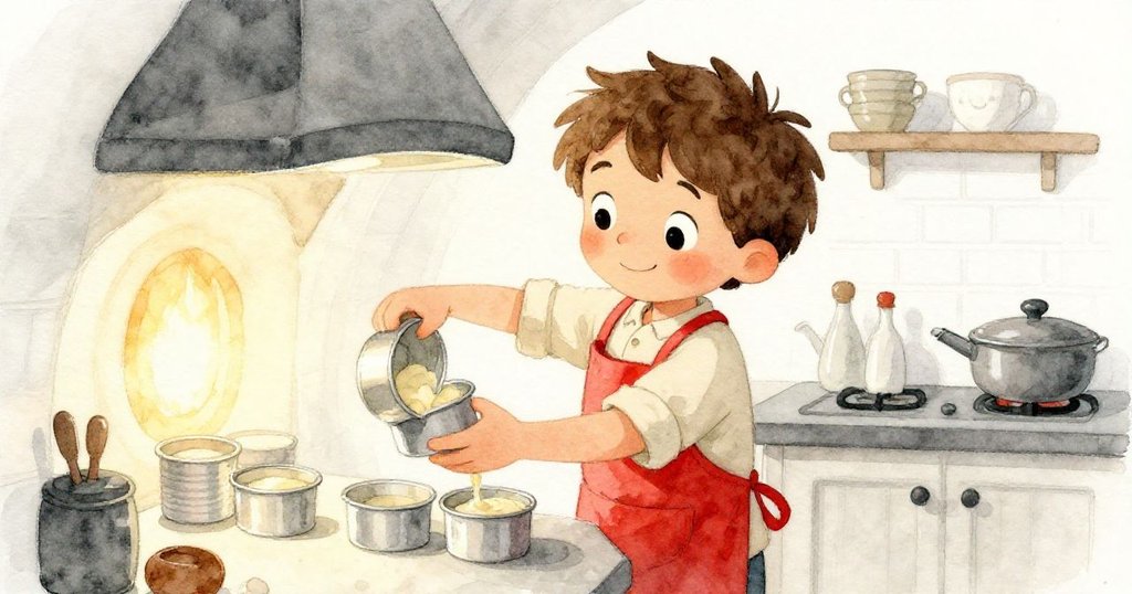 在廚房隱蔽的小角落，Sam迅速將蛋糕糊分裝進潔淨小杯，溫暖的烤箱光芒映照出他急切而從容的動作。