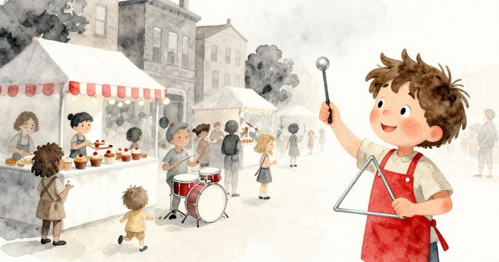 在市中心熱鬧音樂會上，Sam滿足微笑著輕敲三角鐵，陪伴鼓手品嚐自製鬆餅，場景充滿喜悅與慶祝氛圍。