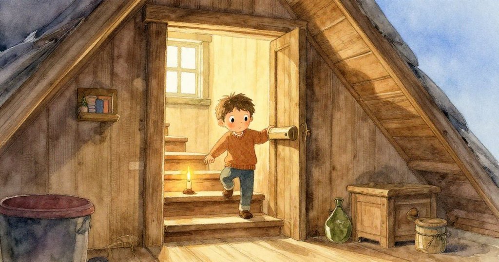 在溫暖的早晨，Lucas提著小蠟燭，踏上木階通向閣樓入口，其臉上充滿期待和活力，環境散發著溫馨氛圍。