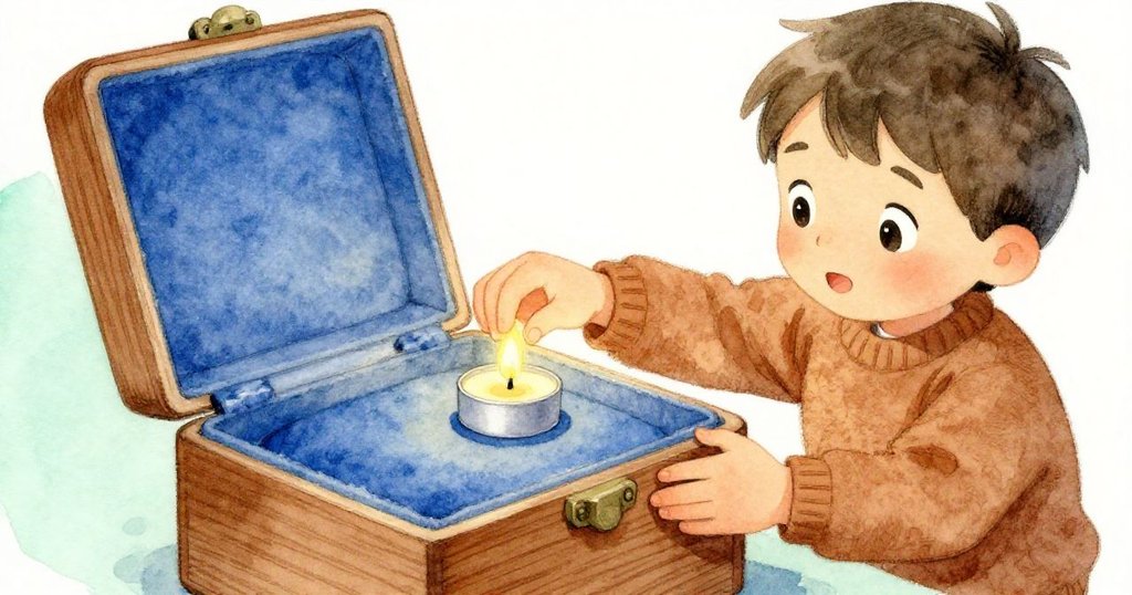 Lucas用手輕放蠟燭於覆有藍色法蘭絨的盒上，細膩木質紋理表現出生活中的溫暖細節，充滿溫柔專注。