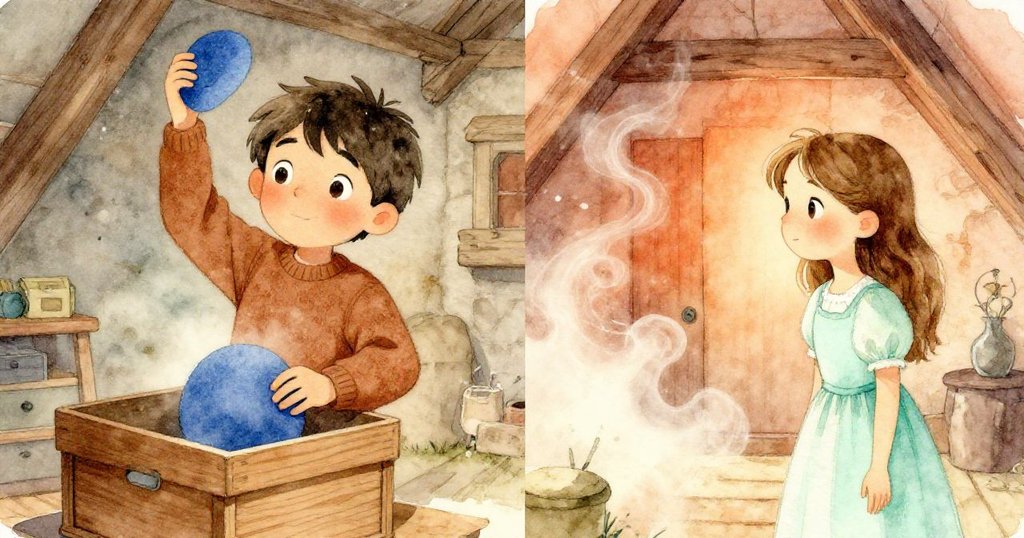 分割畫面中，Lucas揭開藍色布料，Mia隨後輕聲談論回憶，塵埃在閣樓中緩緩飄散，場景充滿懷舊與溫情。