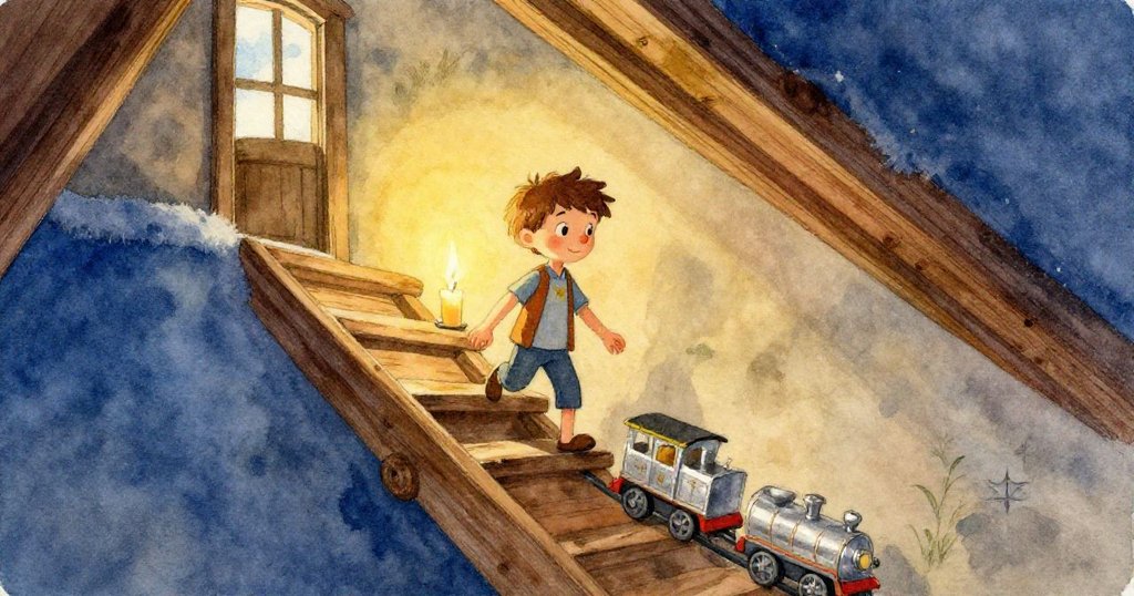 閣樓窗邊吹入柔和微風，帶來秋季金黃氣息，塵埃在溫暖光線中飄舞，營造出寧靜而迷人的季節感覺。