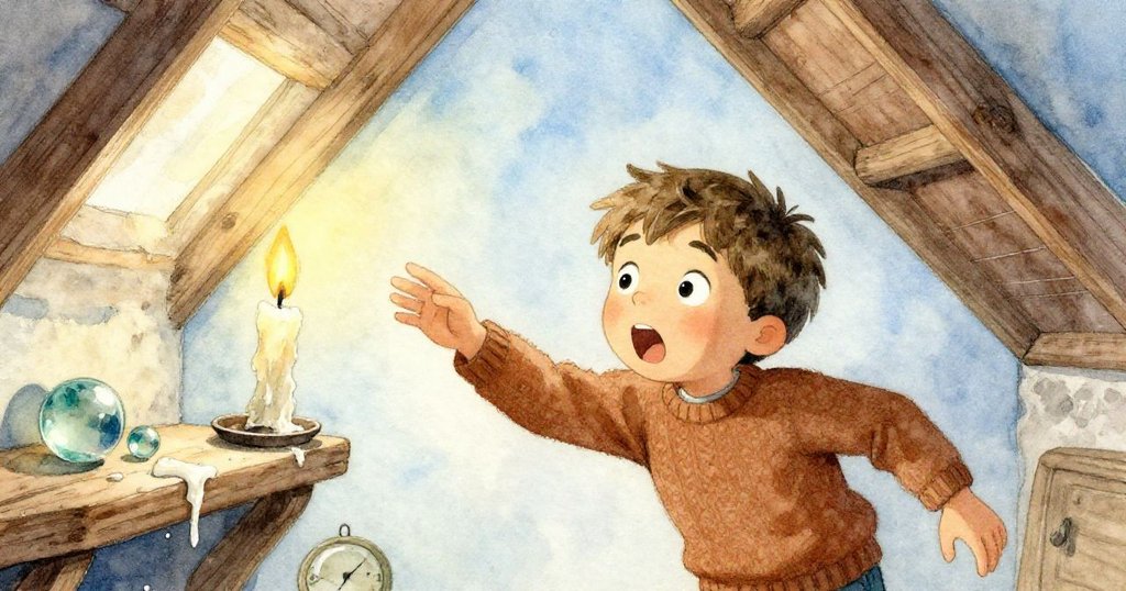 突如其來的微風使蠟燭火苗偏斜滴下蠟油，玻璃彈珠滾落，Lucas露出驚訝表情，瞬間空氣中充滿懸念與緊張氣氛。