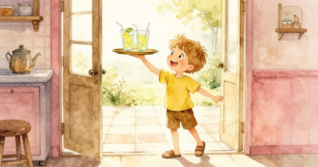 Milo 穿著涼鞋拿著檸檬水托盤，站在廚房敞開的門前，陽光明媚，背影充滿活力與期待。