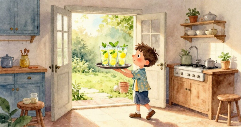 Milo 的手輕握著閃亮檸檬水托盤，杯中薄荷葉漂浮，細節生動呈現檸檬水的清涼和質感。